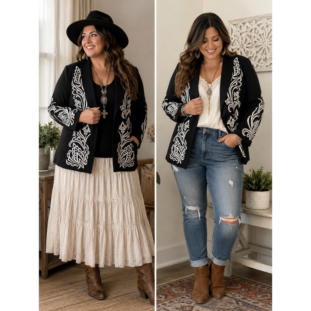 Bob Mackie Wearable Art Black Embroidered Open Front Jacket Blazer 1X
